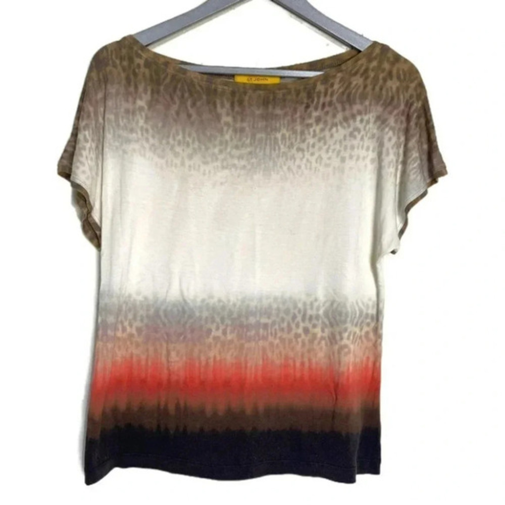 St John Leopard Ombre Boat Neck Top P Brown Orange Animal Print Luxury Tee